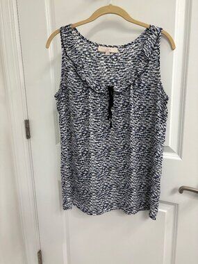 LOFT Sleeveless Blouse Small Black Blue Spots on White Ruffle Bow